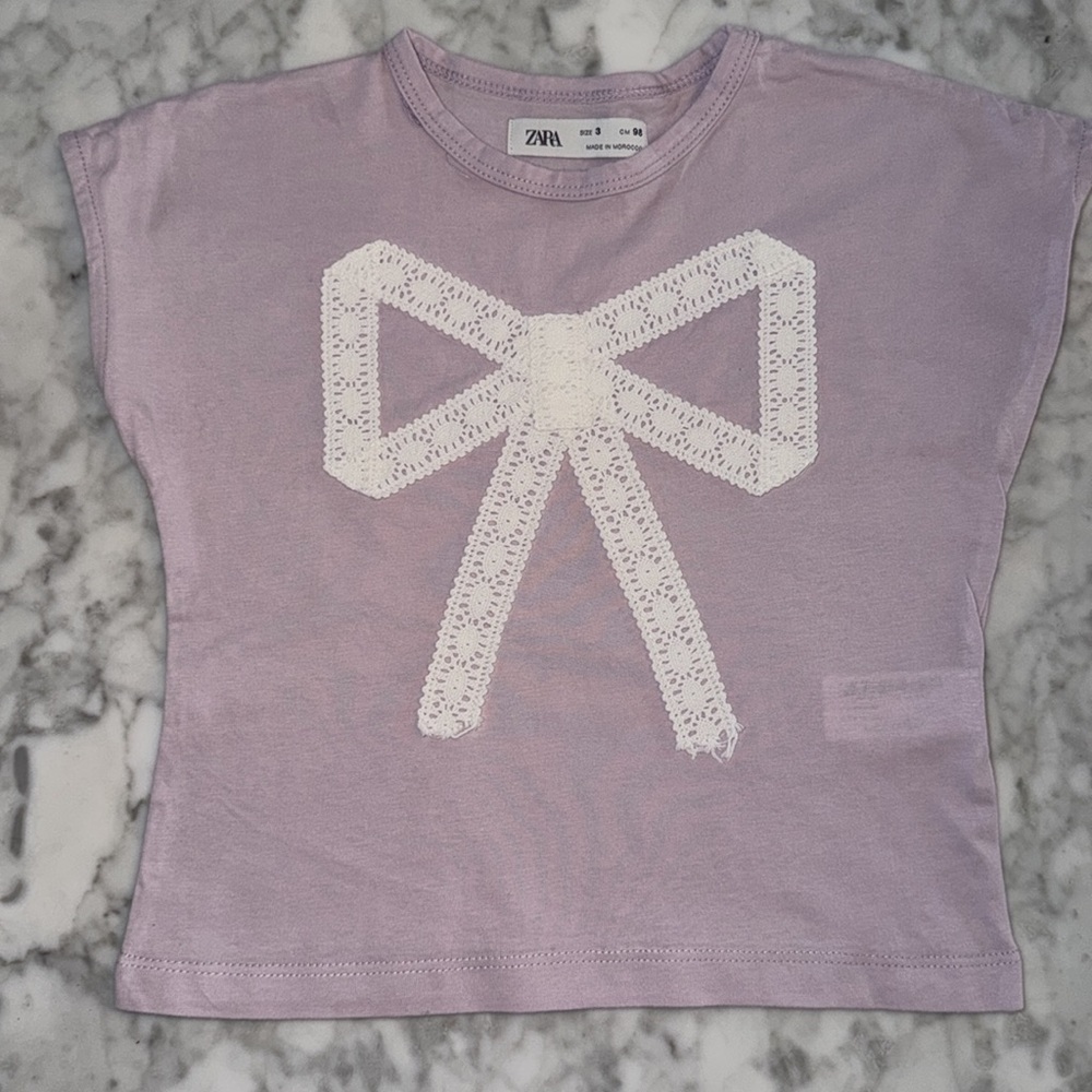Zara Kids Short Sleeve Tees with Bow - Lavender and Cream Bundle 3Y - Picture 3 of 6